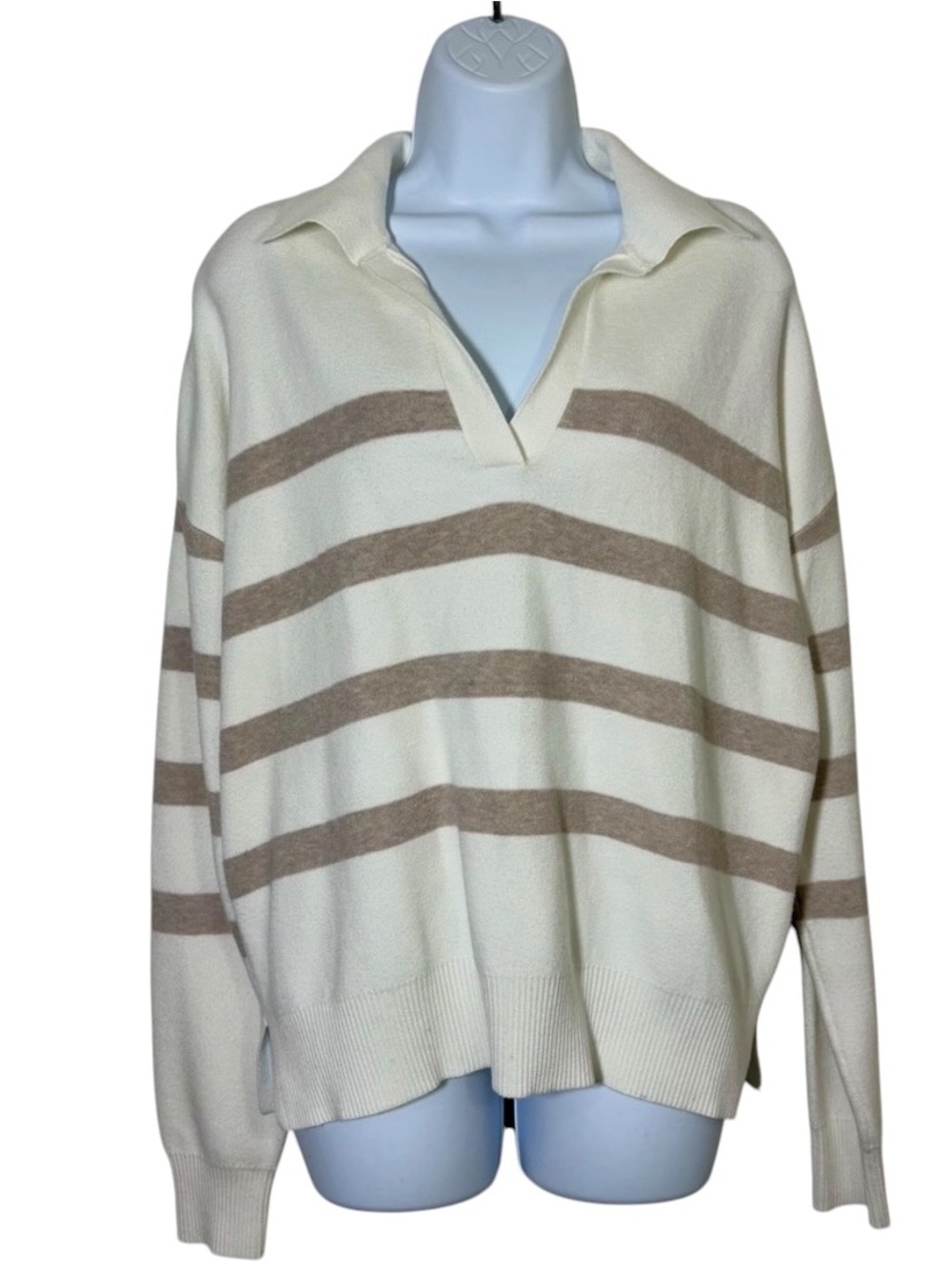 Cynthia Rowley SzXL Cream Taupe Striped Collared V-Neck Knit Cozy Scandi Sweater